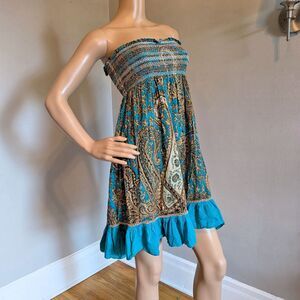 VINTAGE Y2K Strapless Mini Dress, Blue Paisley, Fairycore Boho Cottage Size S